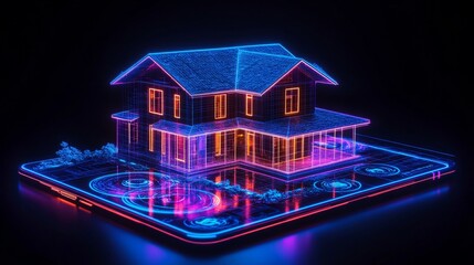 Poster - Futuristic holographic smart home interface displaying a modern residence and interactive controls