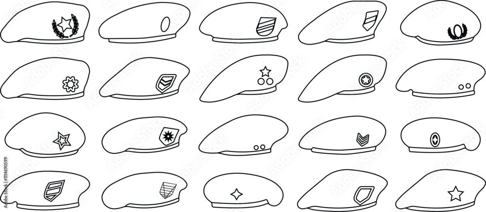 Military beret cap icon in line set. isolated on transparent background ...