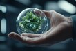 © c80 - A hand holds a glowing glass sphere encapsulating a small plant, symbolizing futuristic technology, sustainability, and the harmonious balance between nature and humanity.