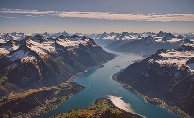 Fototapete - Mountain range with a large body of water in the middle. The water is blue and surrounded by snow