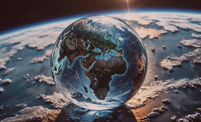 Poster - globe is floating in space. the globe is made of glass and is the size of the earth