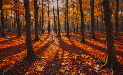 Poster - Forest with many trees and leaves on the ground. The leaves are orange and yellow. The sun is shining on the ground