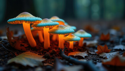 Wall Mural - Glowing teal mushrooms illuminate a forest floor amidst fallen autumn leaves.