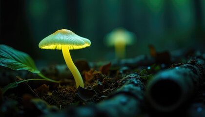 Wall Mural - Glowing mushrooms illuminate a dark forest floor  creating a magical  enchanting scene.