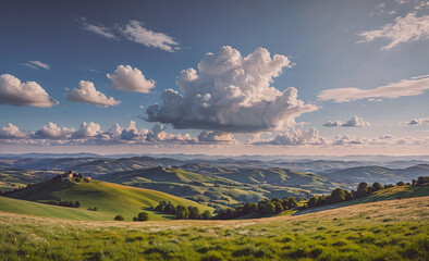 Poster - Large cloud is in the sky above a green hill. The hill is covered in grass and trees