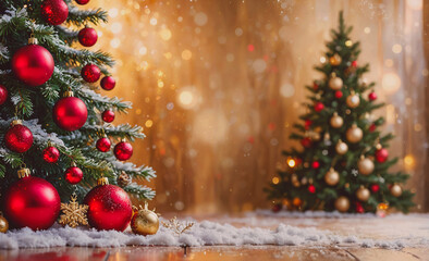 Poster - Red and gold christmas tree with many red and gold ornaments. There are two trees, one on the left and one on the right