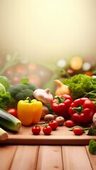Aufkleber - Colorful, fresh vegetables resting on a wooden table in a garden, surrounded by a softly blurred background, highlight the beauty of healthy, organic produce and vibrant colors