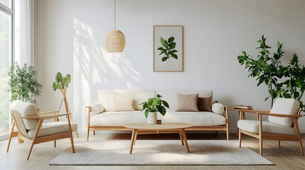 Wall Mural - Modern Scandinavian home interior design characterized by an elegant living room featuring a comfortable sofa, mid century furniture, cozy carpet, wooden floor, white walls, and home plants.