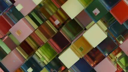 Poster - Abstract 3d animation of an array of cubes of different colors, made of glass and plastic. Cubes in motion shrink and disappear. 3D loop animation, abstract geometric background.