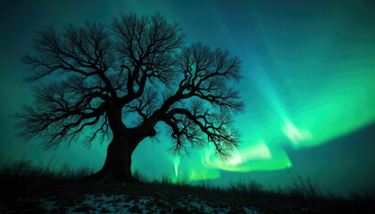 Wall Mural - Silhouette of a large  gnarled tree against a vibrant green aurora borealis in the night sky.