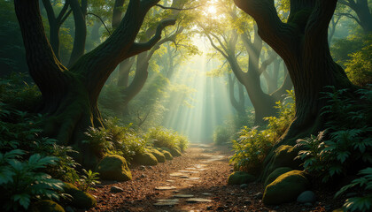 Wall Mural - Sunbeams illuminate a mystical forest path  winding through ancient  moss covered trees.