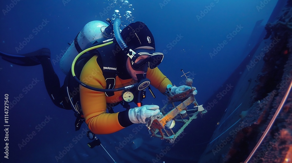Scuba diver deep sea delf into mysteries of ancient shipwreck exploring