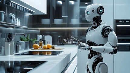 Wall Mural - a white robot is in a futuristic kitchen.