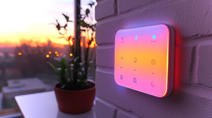 Poster - Smart light switch with holographic projection illuminates a cozy sunset view