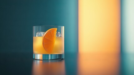 Wall Mural -   An orange on a glass with blue background