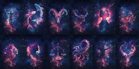 12 zodiac signs: pink, violet & blue art over night sky; twelve zodiacs: aquarius, pisces, aries, ta