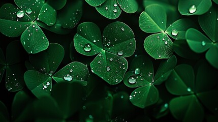 Wall Mural -  Four-leaf clovers with water droplets and clover leaves