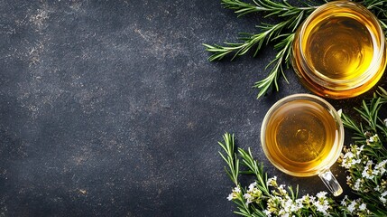 Wall Mural -   Two glasses of olive oil with rosemary sprigs on a black background with space for text or image