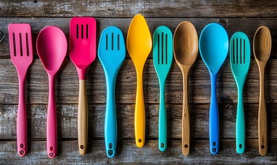 Wall Mural - colorful kitchen utensils, such as bright silicone spatulas and wooden spoons