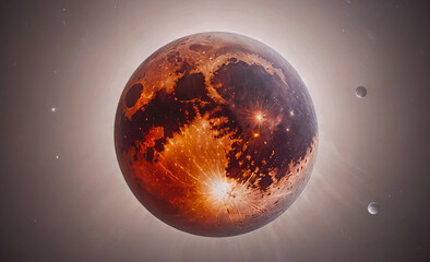 Poster - red planet with a white moon. the planet is surrounded by stars. the planet is the center of the ima