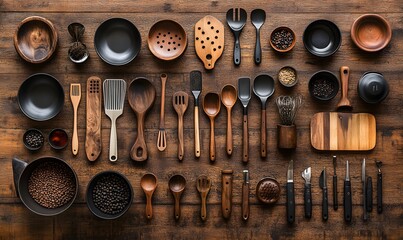 Wall Mural - kitchen utensils, including mixing bowls, spatulas, and measuring spoons