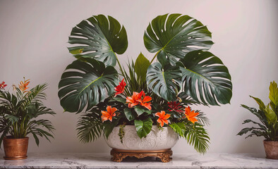 Poster - Large plant with green leaves and orange flowers sits on a table. There are two other plants in the background