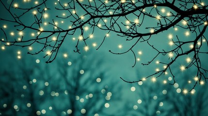 Wall Mural -   A tree filled with numerous white lights sits beside the sky's many white lights and another tree adorned with countless white lights