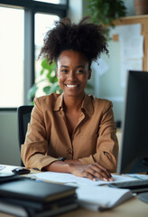 Poster - Woman sitting at desk, smiling, wearing orange shirt and curly afro puff