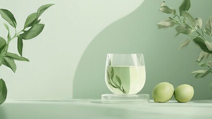 Wall Mural -  A green wall in the background displays a potted plant, table, glass of water, two lemons