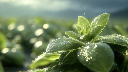 Wall Mural -   Green plant with water droplets and blue cloudy sky