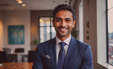 Poster - Man in a suit and tie is smiling for the camera. He is wearing a blue suit and a blue tie