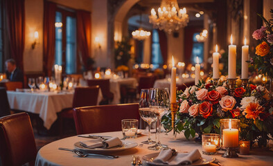 Poster - Table with a vase of flowers and candles, and a man sitting at the table. There are also wine glasses and utensils on the table