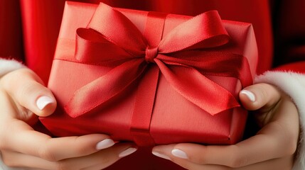 Wall Mural - A Beautifully Wrapped Red Gift Box with a Ribbon for Holidays