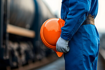 Wall Mural - A worker in blue coverall uniform is holding an orange safety hardhat or protective helmet, standing in front of crude oil train tanker. Ready to work in challenge industrial scene, close-up.