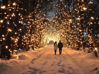 Poster - Romantic couple walking under illuminated archway in winter for Valentine's Day