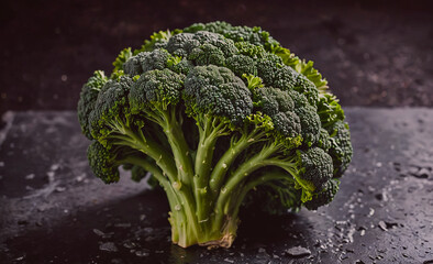 Poster - Large head of broccoli is sitting on a counter. The broccoli is green and has a stem