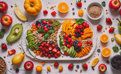Aufkleber - White plate with a variety of fruits and vegetables on it. There are apples, oranges, bananas, strawberries, and avocados