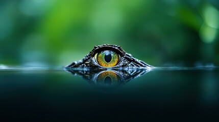 Poster -   A macro shot of an animal's pupil mirrored in a lake with surrounding greenery