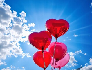 Poster - Red heart balloons in the sky valentine's day