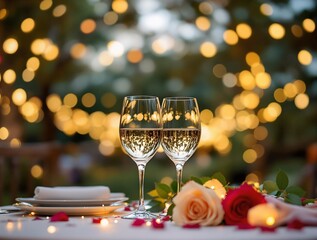 Poster - Two champagne glasses with bokeh lights valentine's day