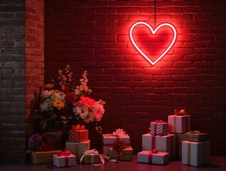 Poster - Neon heart sign on a brick wall with flowers valentine's day