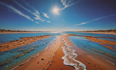 Poster - Beach with a body of water in the background. The water is blue and the sand is brown
