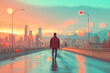 © Pixel World Vision  - Walking along a city road at sunset with glowing lights and mountains in the distance