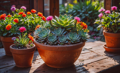Poster - Wooden table with several potted plants on it, including a large one with a green plant in it. There are also smaller potted plants on the table. The plants are arranged in different sizes