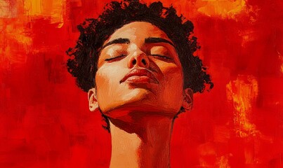 Wall Mural - person with eyes closed, head tilted back, and a serene expression, against a vibrant red background.