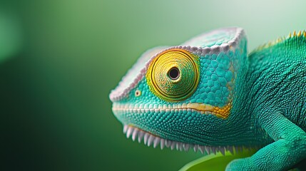 Poster -    a green chameleon with a yellow spot on its eye against a solid background would improve the image's quality