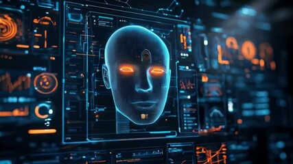 Poster - Facial recognition technology, human face on computer screen. Concept of identification, deepfake, AI, biometric system. 