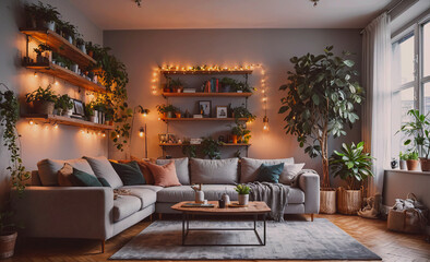 Poster - Living room with a couch, coffee table, and potted plants. The couch is on the left side of the room and the coffee table is in the middle