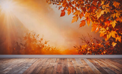 Poster - Wall with a mural of a tree with leaves and a sun shining on it. The mural is orange and yellow