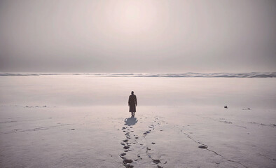 Aufkleber - Person is standing in the snow on a beach. The sky is cloudy and the sun is setting